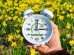 hand haelt weissen wecker vor fruehlingsblumen symbolfoto sommerzeit und zeitumstellung fotomontage nur redaktionelle nutzung