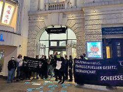 mehrere menschen protestieren am weltfrauentag vor dem malersaal des schauspielhauses gegen den auftritt von feministin alice schwarzer