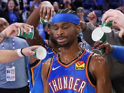 oklahoma city thunder players pour water on thunder guard shai gilgeous alexander after an nba basketball game against the boston celtics thursday march 12 2026 in oklahoma city