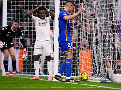 real madrid s vinicius junior reacts during a spanish la liga soccer match between real madrid and getafe in madrid spain monday march 2 2026