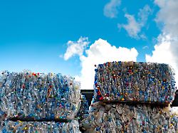 sakon nakhonthailand 11272022 old plastic bottles that have been used are squeezed and bundled together to prepare for recycling