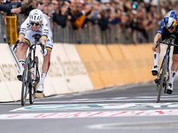 slovenian tadej pogacar l wins before british tom pidcock the sprint at the finish of the milano sanremo one day cycling race for men 298km from milan to san remo italy saturday 21 march 2026