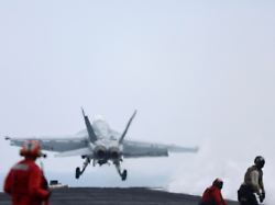a f a 18e super hornet fighter jet is catapulted off the flight deck of the uss dwight d eisenhower cvn 69 aircraft carrier in southern red sea middle east february 13 2024
