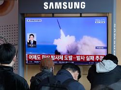 a tv screen shows a file image of north korea s missile launch during a news program at seoul railway station in seoul south korea wednesday april 8 2026