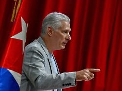 cuban president miguel diaz canel delivers a welcome speech to participants of the nuestra america or our america convoy at the convention palace in havana cuba friday march 20 2026
