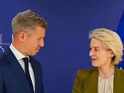 european commission president ursula von der leyen right speaks with hungary s incoming prime minister peter magyar prior to a meeting at eu heaquarters in brussels wednesday april 29 2026