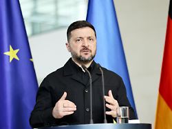 german chancellor friedrich merz and ukrainian president volodymyr zelenskyy speak to the media after their meeting at the chancellery in berlin germany on april 14 2026
