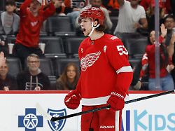 mar 28 2026 detroit michigan usa detroit red wings defenseman moritz seider 53 celebrates after scoring in the second period against the philadelphia flyers at little caesars arena