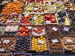 marktstand mit einheimischen und exotischen fruechten in der markthalle stuttgart baden wuerttemberg deutschland