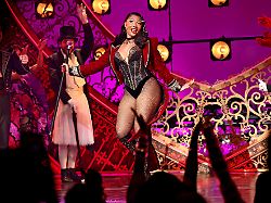 new york new york march 24 megan thee stallion makes her broadway debut in moulin rouge the musical at al hirschfeld theatre on march 24 2026 in new york city