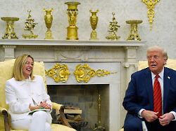president donald trump meets with italy s prime minister giorgia meloni in the oval office of the white house thursday april 17 2025 in washington