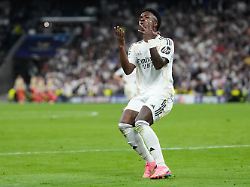 real madrid s vinicius junior reacts during the champions league quarterfinal first leg soccer match between real madrid and bayern munich in madrid spain tuesday april 7 2026