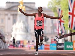 sebastian sawe from kenya crosses the finish line to win the men s race at the london marathon in london sunday april 26 2026
