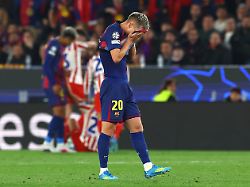 soccer football uefa champions league quarter final first leg fc barcelona v atletico madrid spotify camp nou barcelona spain april 8 2026 fc barcelona s dani olmo reacts reuters albert gea