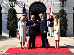 u s president donald trump and first lady melania trump receive britain s king charles and queen camilla for afternoon tea on the south lawn of the white house in washington d c u s april 27 2026