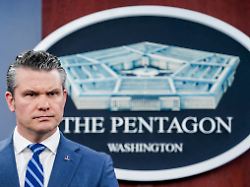 u s secretary of defense pete hegseth looks on during a briefing on the iran war at the pentagon in washington d c u s april 16 2026