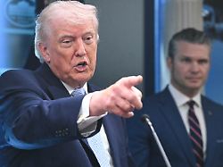 us president donald trump alongside secretary of defense pete hegseth speaks about the conflict in iran in the james s brady press briefing room of the white house on april 6 2026 in washington dc