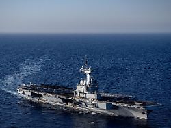 a photograph taken on april 27 2026 shows the french aircraft carrier charles de gaulle during the nato military exercise neptune strike 26 2 off the coast of the greek island of crete