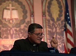 auxiliary bishop evelio menjivar ayala speaks on a panel about immigration at georgetown university in washington thursday sept 11 2025