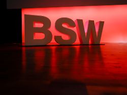 das logo der partei bsw auf dem bundesparteitag der partei buendnis sahra wagenknecht bsw im world conference center in bonn bonn 12 01