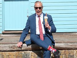 may 7 2026 walton on the naze essex uk walton on the naze uk reform uk leader nigel farage enjoys an ice cream as visits walton on the naze essex on the day of local elelctions taking place in england