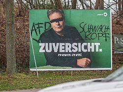 mit parolen verschmierte wahlplakate zur bundestagswahl am 23 februar 2025 sind in pulheim rhein erft kreis nrw zu sehen