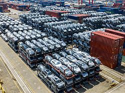 new energy vehicles are about to be exported overseas through frame transportation in taicang port area suzhou port jiangsu province china on may 11 2026