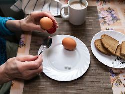 senior woman s hands hold boiled egg homemade breakfast of old woman bread eggs tablets on plate breakfast concept