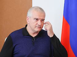russia simferopol february 1 2024 crimea s head sergei aksyonov is seen during an interview with the tass news agency