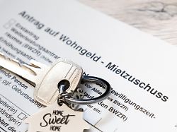 schluessel auf einem antrag fuer wohngeld symbolbild