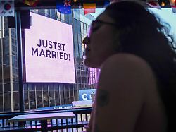 a just married sign is displayed on madison square garden during a wedding between singer taylor swift and national football league player travis kelce on friday july 3 2026 in new york