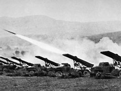 a battery of soviet katyusha rockets firing in the carpathian mountains during world war 2 1944