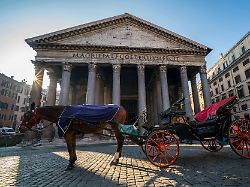 a horse drawn carriage near the pantheon in rome in italy