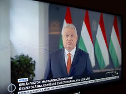 a television set in a hotel room shows hungarian prime minister viktor orban during a televised appearance in budapest hungary on april 10 2026