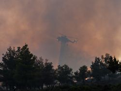 archiv 09 07 2025 griechenland asprochori ein hubschrauber wirft wasser ab in der naehe der flammen waehrend eines waldbrandes in asprochori oropos attika