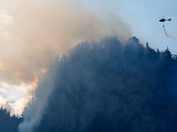 ein hubschrauber laesst zur bekaempfung eines brandes im bergwald in den chiemgauer alpen loeschwasser ab 1