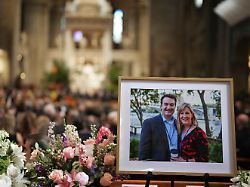 file pictures of mark and melissa hortman are set up inside the sanctuary at the basilica of st mary s during funeral services for mark and melissa hortman in minneapolis saturday june 28 2025