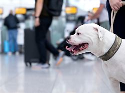 illustration hund peanut american bulldog sitzt am flughafen muenchen vor den check in schaltern am terminal gestellte szene
