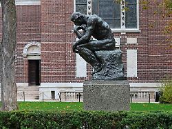 new york city usa november 15 2021 rodin s the thinker in front of the philosophy building of columbia university in manhattan an authorized replica made in 1931 from the original casting of 1904