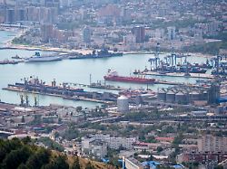 panoramic view of large port at black sea coast in russia novorossiysk city 1