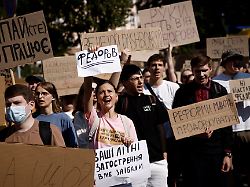 people protest against ukrainian president volodymyr zelenskiy s decision to replace mykhailo fedorov as defence minister amid russia s attack on ukraine in kyiv ukraine july 16 2026