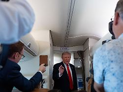 president donald trump speaks with reporters while on air force one en route to oakland county international airport monday july 27 2026 in waterford township mich