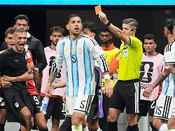 referee francois letexier of france shows a red card to egypt assistant coach mohamed abdel wahed during the world cup round of 16 soccer match between argentina and egypt in atlanta tuesday july 7 2026