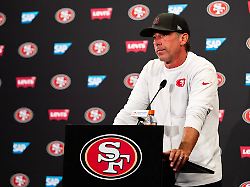 santa clara ca august 04 san francisco 49ers head coach kyle shanahan speaks to the media during san francisco 49ers training camp on august 4 2025 at the sap performance facility in santa clara ca