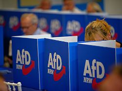 sichtschutzaufsteller stehen beim aufstellungsparteitag der afd auf den tischen der delegierten