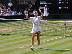 tennis wimbledon all england lawn tennis and croquet club london britain july 9 2026 czech republic s karolina muchova celebrates after winning her semi final match against coco gauff of the u s