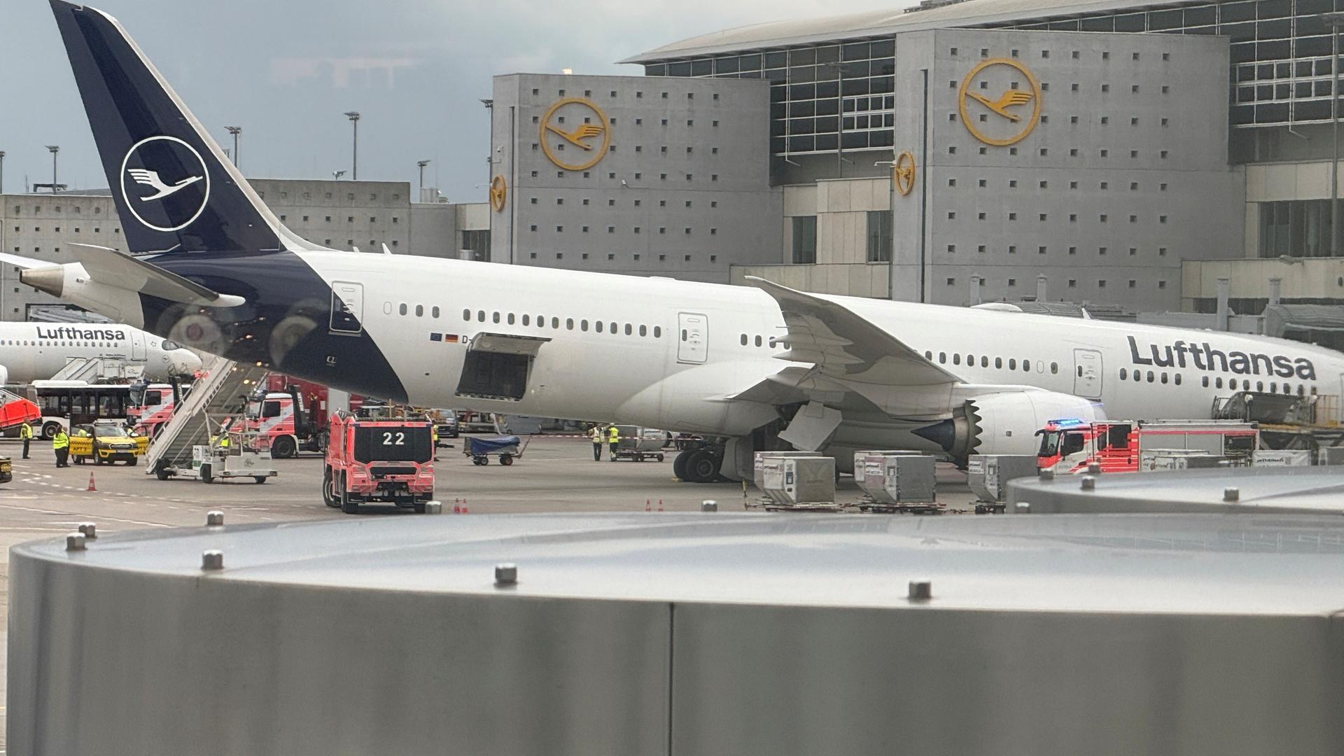 hr der dreamliner liegt am frankfurter flughafen auf dem bug nachdem das fahrwerk eingeknickt war 100