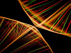 abstract dna strands with vivid red and green glowing lines on a black background