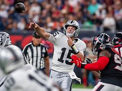 august 20 2026 las vegas raiders quarterback fernando mendoza 15 throws a pass during a preseason game between the las vegas raiders and the houston texans in houston tx