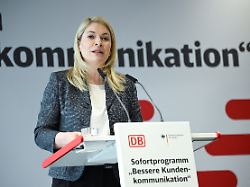 deutsche bahn ceo evelyn palla speaks during a press statement about an immediate measure plan to improve customer communication in berlin germany july 8 2026